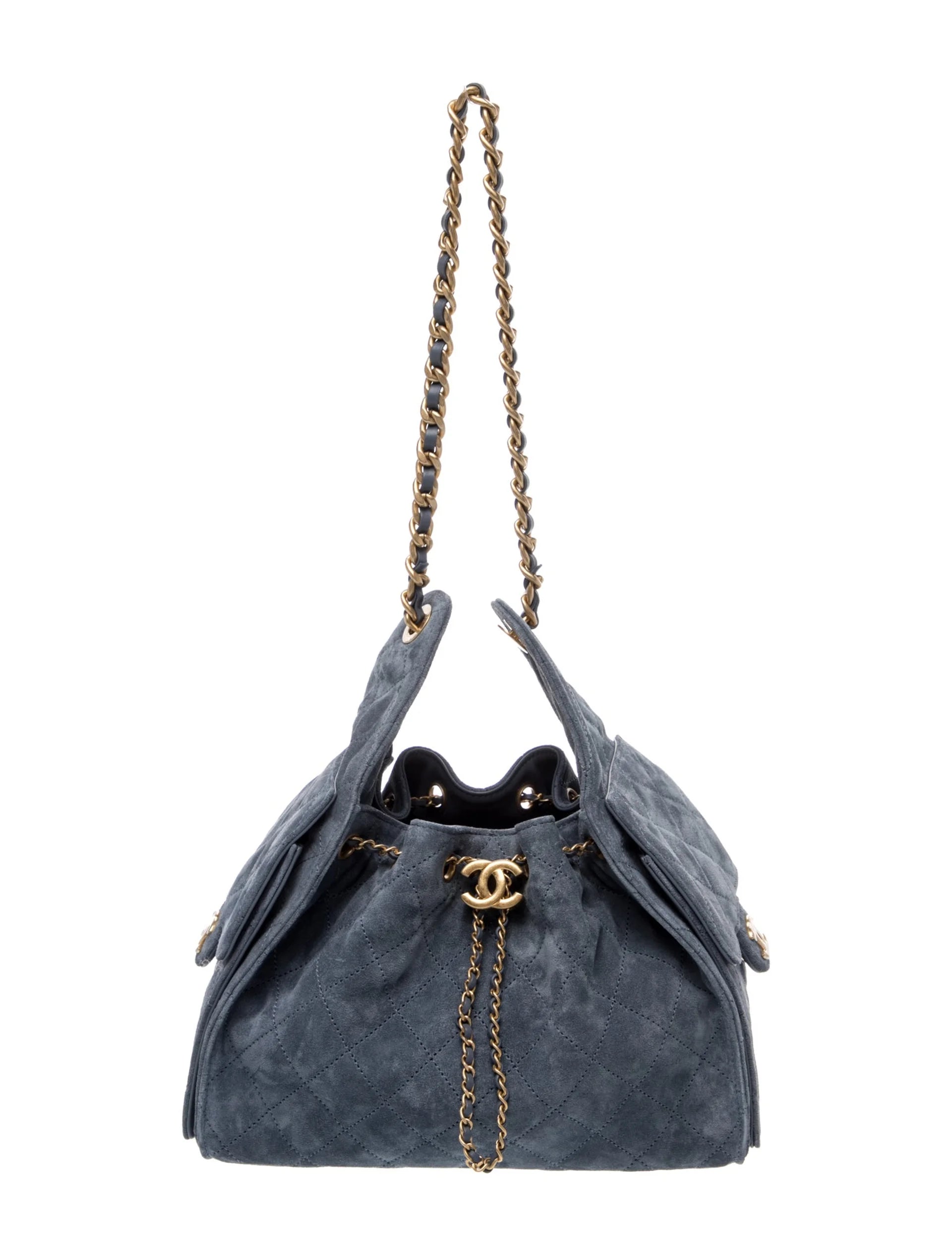 Chanel Drawstring Bucket · Quilted Suede