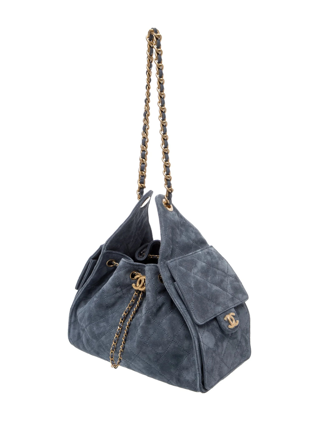 Chanel Drawstring Bucket · Quilted Suede